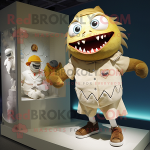 Cream Piranha mascot costume character dressed with a Mini Skirt and Brooches