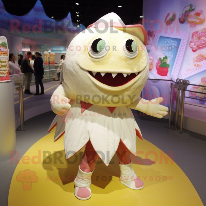 Cream Piranha mascot costume character dressed with a Mini Skirt and Brooches Cream Piranha mascot costume character dressed with a Mini Skirt and Brooches