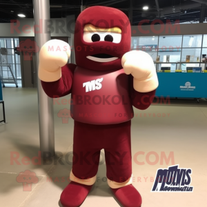 Maroon Boxing Glove mascot costume character dressed with a Rash Guard and Gloves