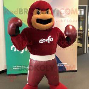 Maroon Boxing Glove mascot costume character dressed with a Rash Guard and Gloves