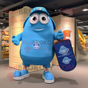 Blue Bagels mascot costume character dressed with a Board Shorts and Handbags