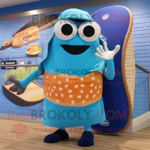 Blue Bagels mascot costume character dressed with a Board Shorts and Handbags