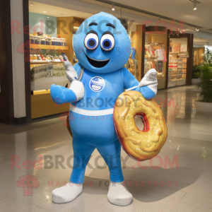 Blue Bagels mascot costume character dressed with a Board Shorts and Handbags