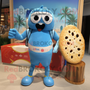 Blue Bagels mascot costume character dressed with a Board Shorts and Handbags