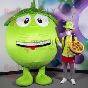 Lime Green Burgers mascot costume character dressed with a Shorts and Brooches