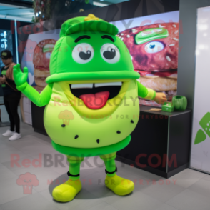 Lime Green Burgers mascot costume character dressed with a Shorts and Brooches