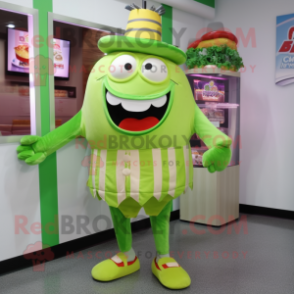 Lime Green Burgers mascot costume character dressed with a Shorts and Brooches