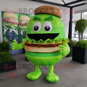 Lime Green Burgers mascot costume character dressed with a Shorts and Brooches