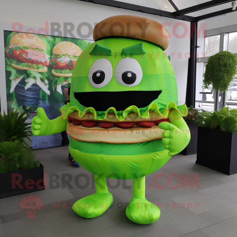 Lime Green Burgers mascot costume character dressed with a Shorts and Brooches