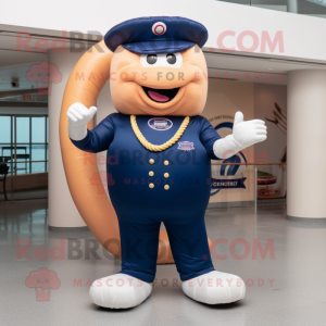 Navy Donut mascot costume character dressed with a Joggers and Gloves