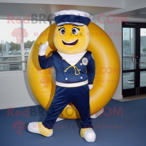 Navy Donut mascot costume character dressed with a Joggers and Gloves