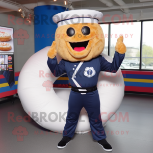 Navy Donut mascot costume character dressed with a Joggers and Gloves