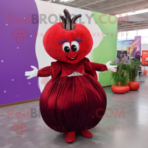 Red Eggplant mascot costume character dressed with a Ball Gown and Hairpins