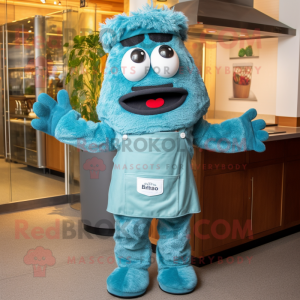 Teal Lasagna mascot costume character dressed with a Denim Shorts and Mittens