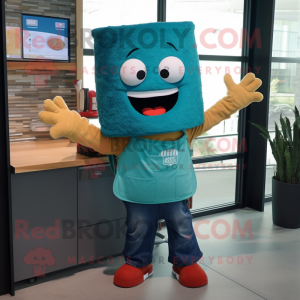 Teal Lasagna mascot costume character dressed with a Denim Shorts and Mittens