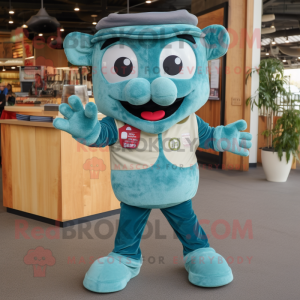 Teal Lasagna mascot costume character dressed with a Denim Shorts and Mittens