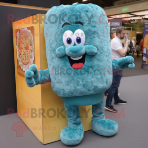 Teal Lasagna mascot costume character dressed with a Denim Shorts and Mittens