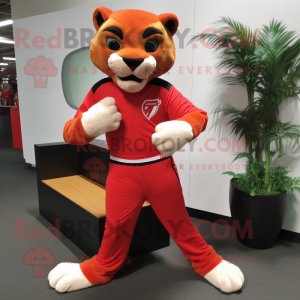 Red Puma mascot costume character dressed with a Trousers and Cummerbunds