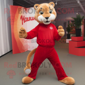 Red Puma mascot costume character dressed with a Trousers and Cummerbunds