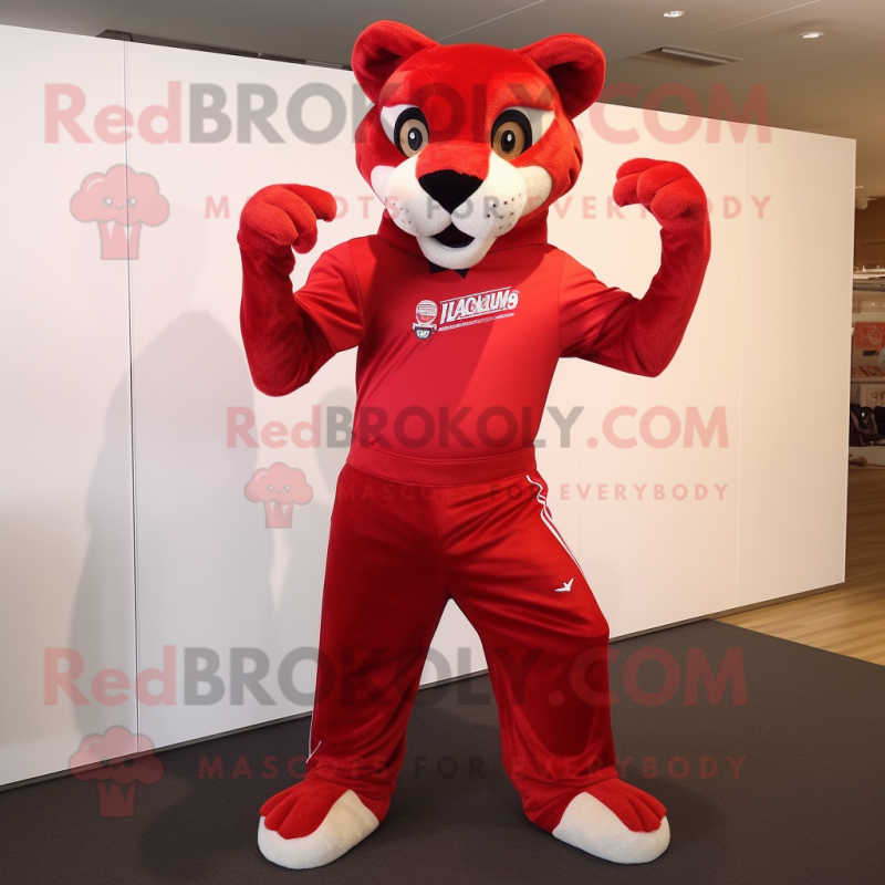 Red Puma mascot costume character dressed with a Trousers and Cummerbunds