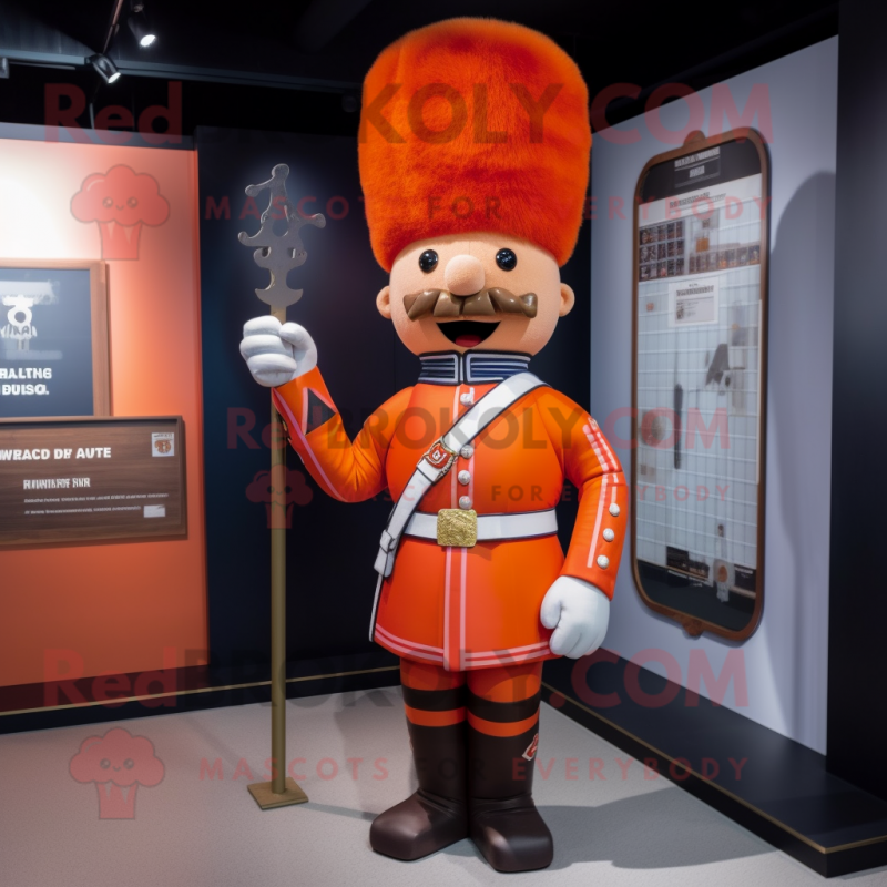 Orange British Royal Guard mascot costume character dressed with a Flannel Shirt and Hairpins