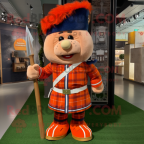 Orange British Royal Guard mascot costume character dressed with a Flannel Shirt and Hairpins