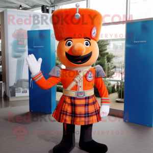 Orange British Royal Guard mascot costume character dressed with a Flannel Shirt and Hairpins