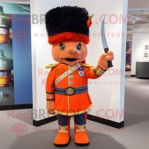 Orange British Royal Guard mascot costume character dressed with a Flannel Shirt and Hairpins