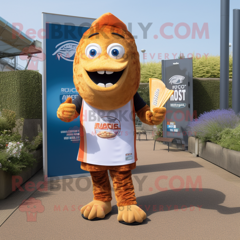 Rust Fish And Chips mascot costume character dressed with a Rugby Shirt and Anklets Rust Fish And Chips mascot costume character dressed with a Rugby Shirt and Anklets
