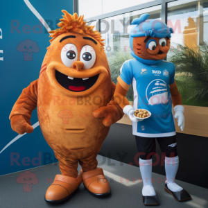 Rust Fish And Chips mascot costume character dressed with a Rugby Shirt and Anklets