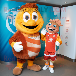 Rust Fish And Chips mascot costume character dressed with a Rugby Shirt and Anklets