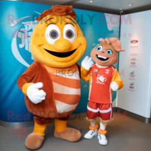 Rust Fish And Chips mascot costume character dressed with a Rugby Shirt and Anklets