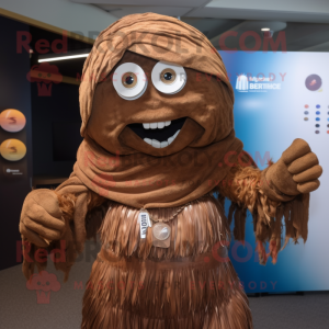 Brown Momentum mascot costume character dressed with a Bikini and Shawl pins
