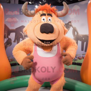 Peach Yak mascot costume character dressed with a Tank Top and Suspenders