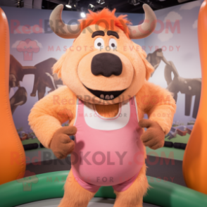 Peach Yak mascot costume character dressed with a Tank Top and Suspenders