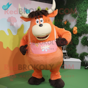 Peach Yak mascot costume character dressed with a Tank Top and Suspenders