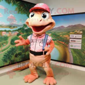 Peach Lizard mascot costume character dressed with a Bermuda Shorts and Berets