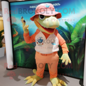 Peach Lizard mascot costume character dressed with a Bermuda Shorts and Berets