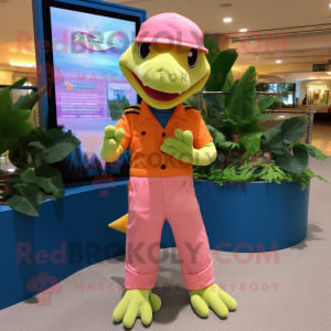 Peach Lizard mascot costume character dressed with a Bermuda Shorts and Berets
