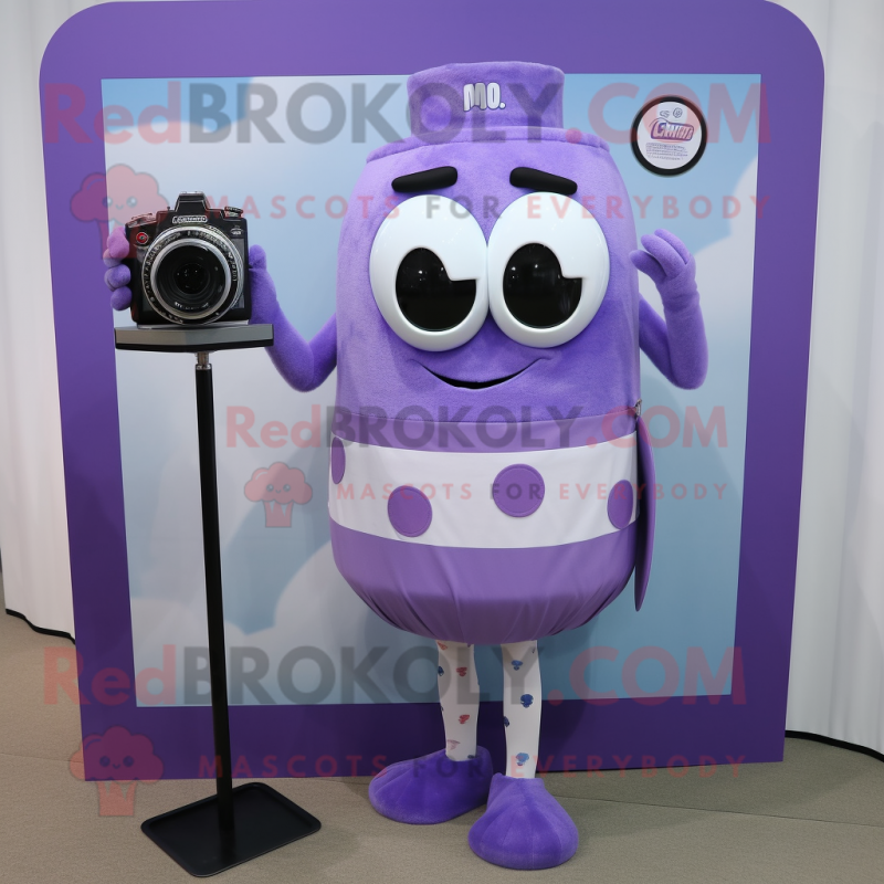 Lavender Camera mascot costume character dressed with a Tank Top and Shoe clips