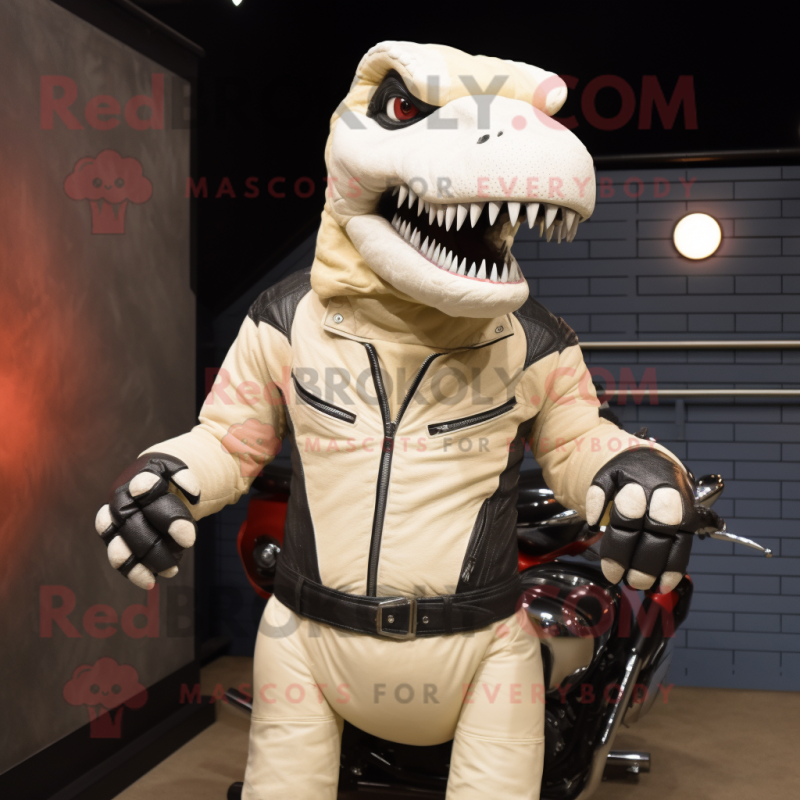 Cream Tyrannosaurus mascot costume character dressed with a Biker Jacket and Gloves