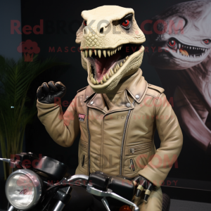 Cream Tyrannosaurus mascot costume character dressed with a Biker Jacket and Gloves