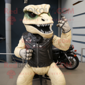 Cream Tyrannosaurus mascot costume character dressed with a Biker Jacket and Gloves