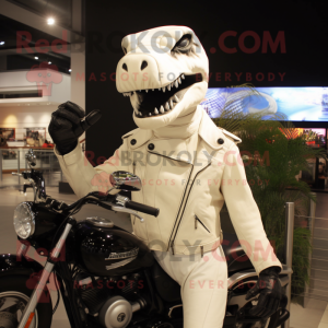 Cream Tyrannosaurus mascot costume character dressed with a Biker Jacket and Gloves