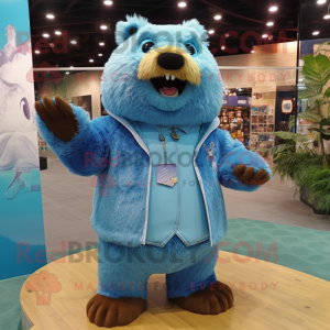 Sky Blue Beaver mascot costume character dressed with a Jacket and Hairpins