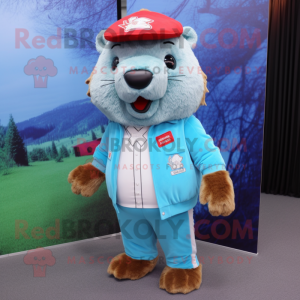 Sky Blue Beaver mascot costume character dressed with a Jacket and Hairpins