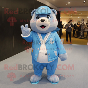 Sky Blue Beaver mascot costume character dressed with a Jacket and Hairpins