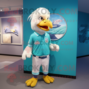 Cyan Bald Eagle mascot costume character dressed with a Poplin Shirt and Hairpins