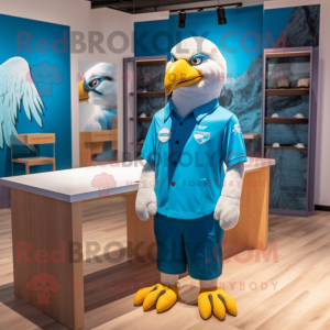 Cyan Bald Eagle mascot costume character dressed with a Poplin Shirt and Hairpins