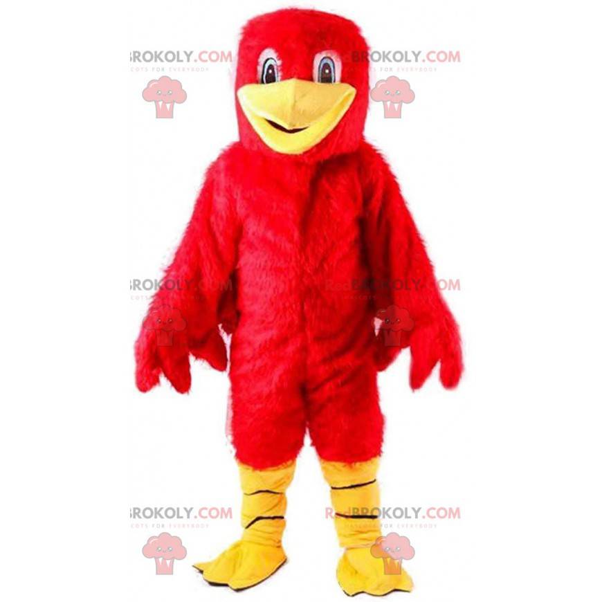 Hairy red bird mascot, large colorful bird costume -